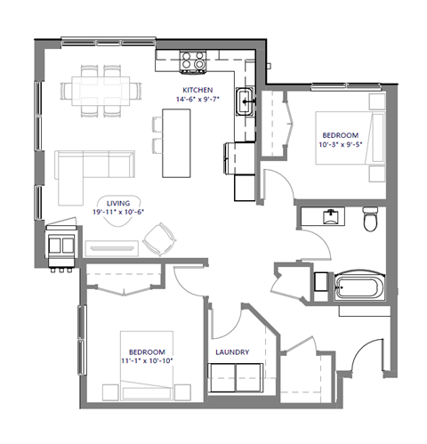Floor plan for 2 beds, 1 bath, 977 sqft